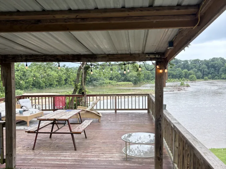 Lakefront deck and wooded shoreline