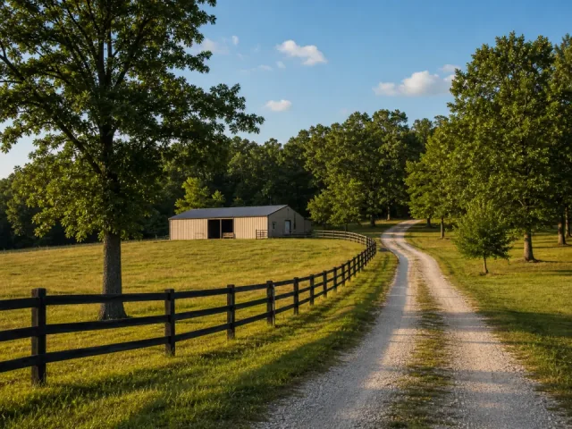 Illustrative example of an eastern Oklahoma acreage with pasture, fence line and gravel drive